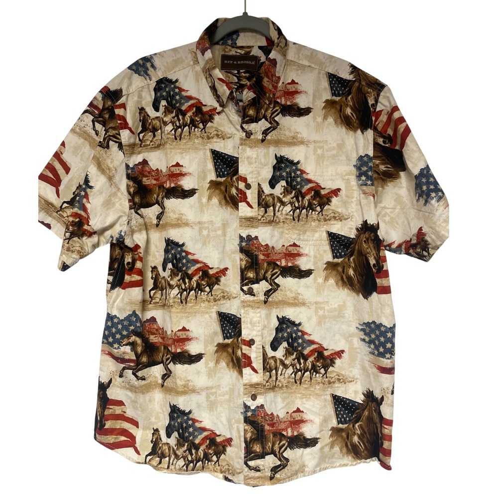 Bit & Bridle Vintage Patriotic American Horse Silhouette‎ Shirt Men's XL